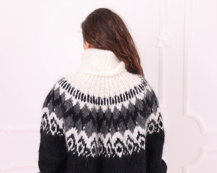 Black and white Nordic mohair sweater yoke detail back view