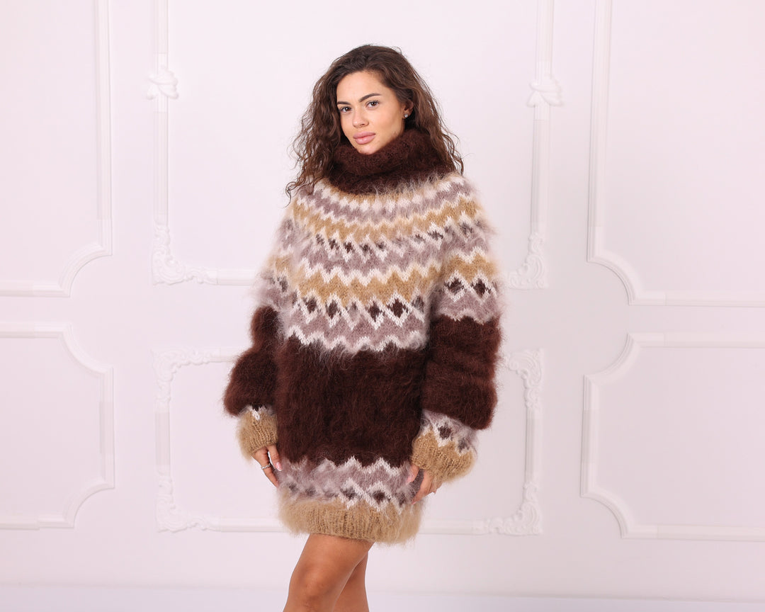 Brown beige Nordic mohair turtleneck sweater front view