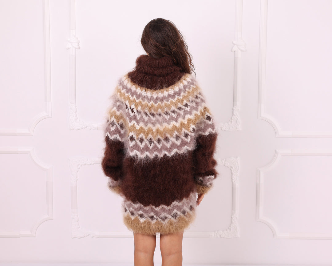 Brown beige Nordic mohair turtleneck sweater back view