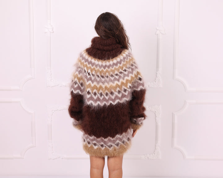 Brown beige Nordic mohair turtleneck sweater back view