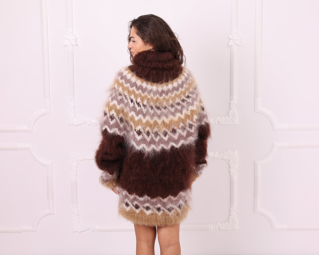 Brown beige Nordic mohair turtleneck sweater rear three quarter view