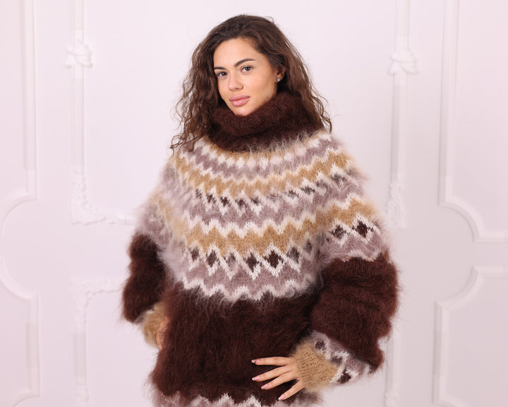 Brown beige fuzzy Nordic mohair sweater front portrait view