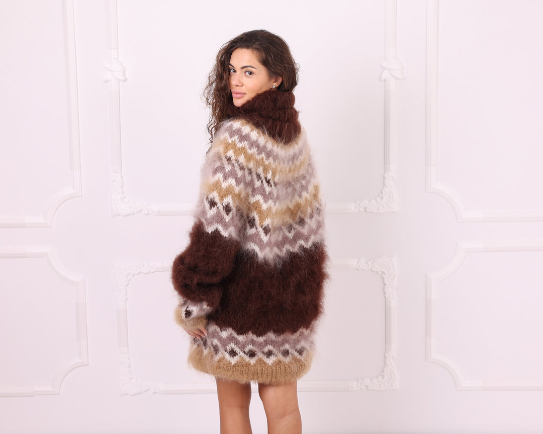 Brown beige Nordic mohair turtleneck sweater side back view