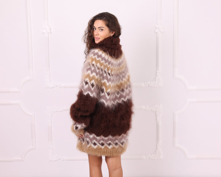 Brown beige Nordic mohair turtleneck sweater side back view