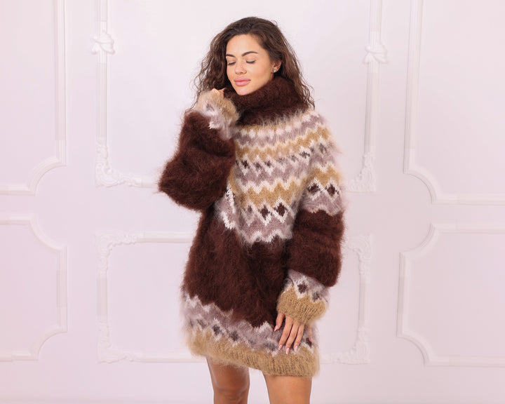 Brown beige fuzzy Nordic mohair turtleneck sweater studio view