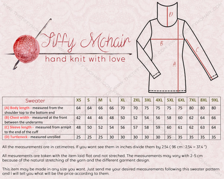 Tiffy Mohair sweater size chart and measurement guide