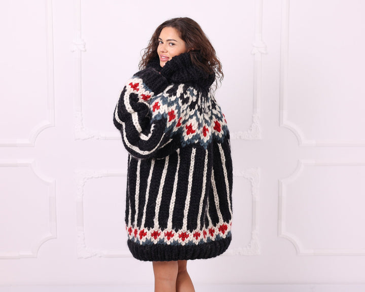 Black multicolour merino roving Nordic sweater three quarter back view