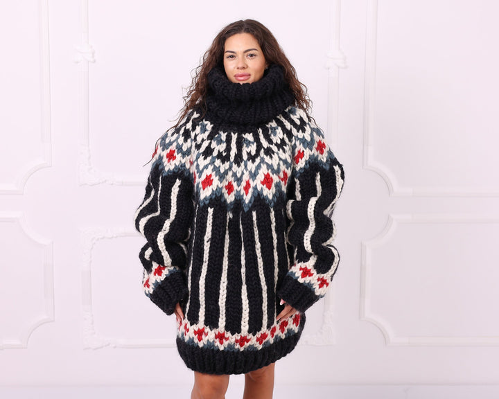 Black multicolour merino roving Nordic sweater full front view