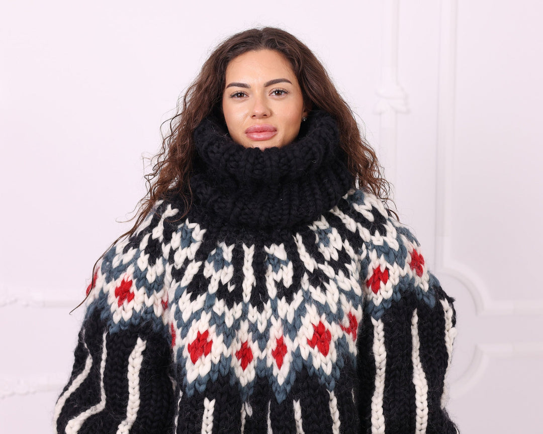 Black multicolour merino roving Nordic sweater close-up with 50 cm turtleneck