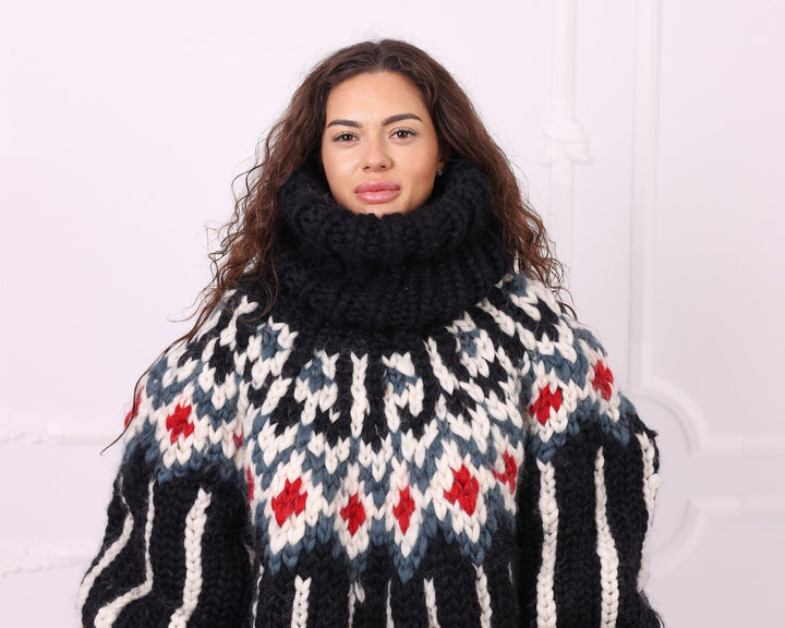 Black multicolour merino roving Nordic sweater close-up with 50 cm turtleneck