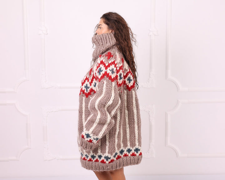 Multicolour merino roving Nordic sweater side profile with chunky turtleneck