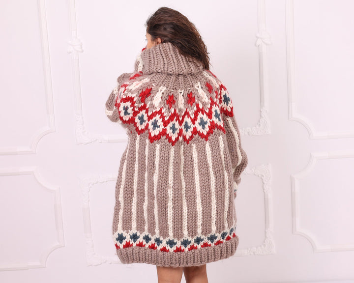 Multicolour merino roving Nordic sweater back view with Fair Isle yoke