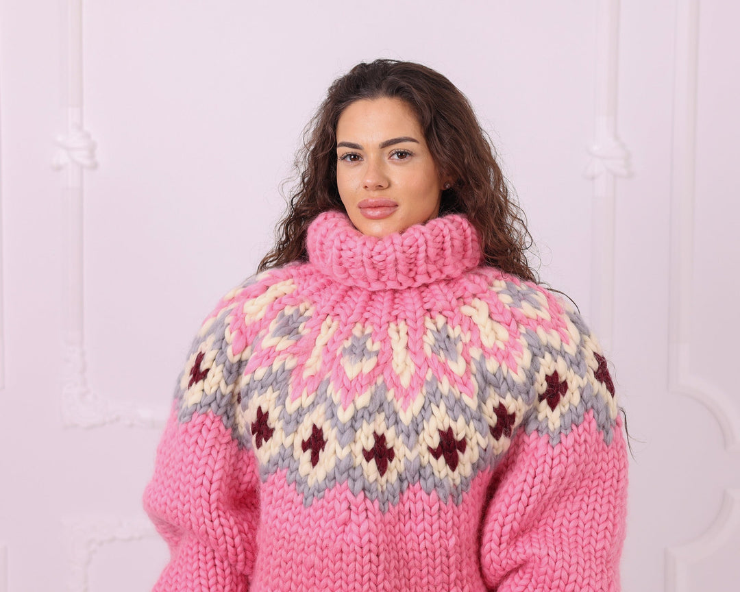 Multicolour merino roving Nordic turtleneck sweater close-up front view