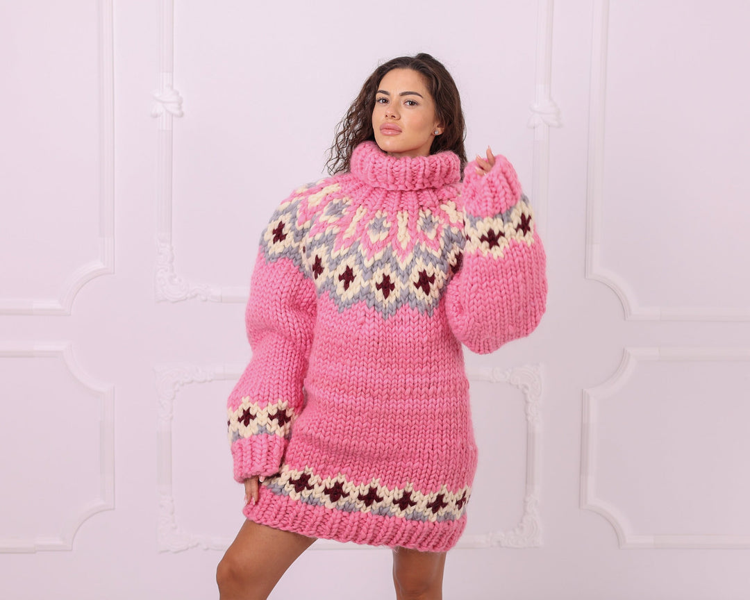 Multicolour merino roving Nordic turtleneck sweater full front view