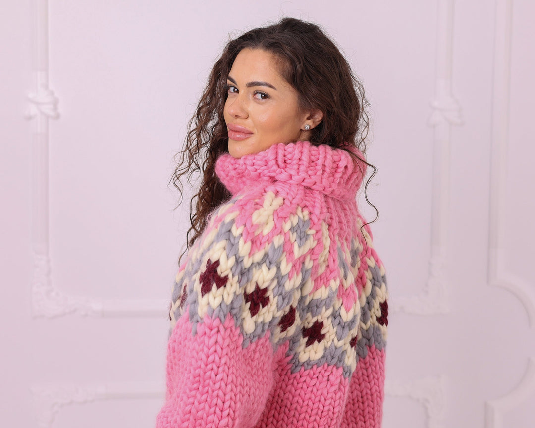 Multicolour merino roving Nordic sweater yoke and turtleneck detail