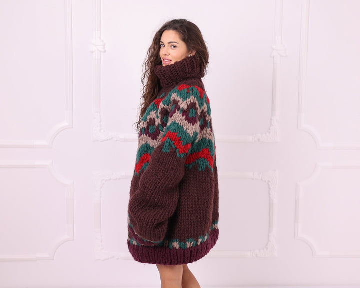 Multicolour 5-strand wool Nordic turtleneck sweater side view