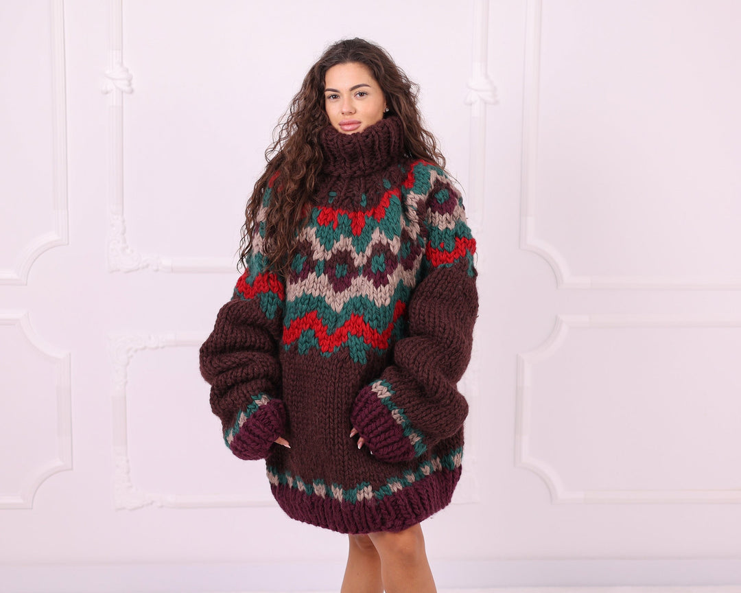 Multicolour 5-strand wool Nordic turtleneck sweater full front view
