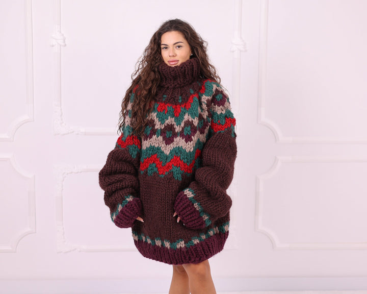 Multicolour 5-strand wool Nordic turtleneck sweater full front view
