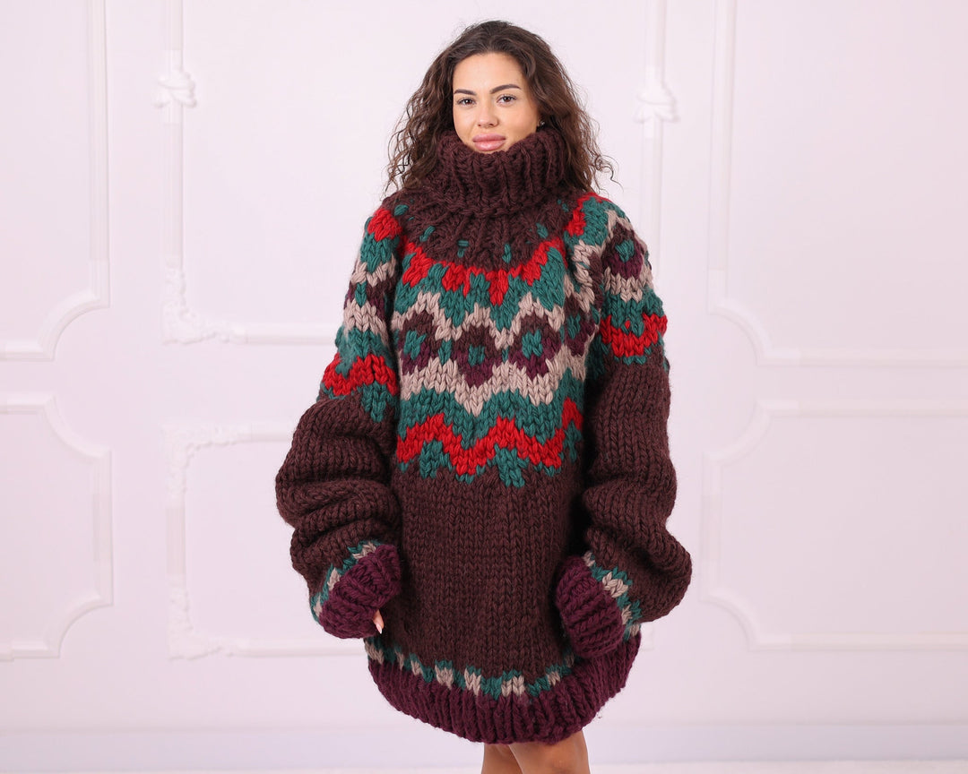 Multicolour wool Nordic oversized turtleneck sweater front view