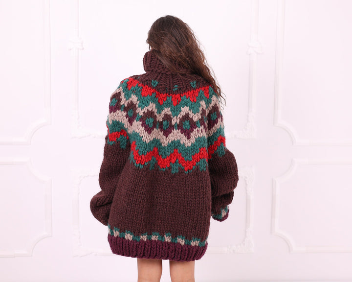 Multicolour wool Nordic turtleneck sweater full back view