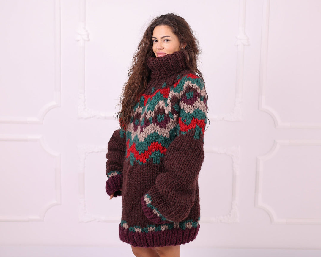 Multicolour 5-strand wool Nordic sweater three quarter view