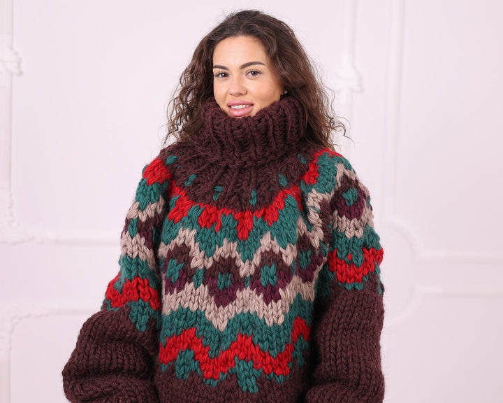 Multicolour wool Nordic sweater Fair Isle yoke and turtleneck detail