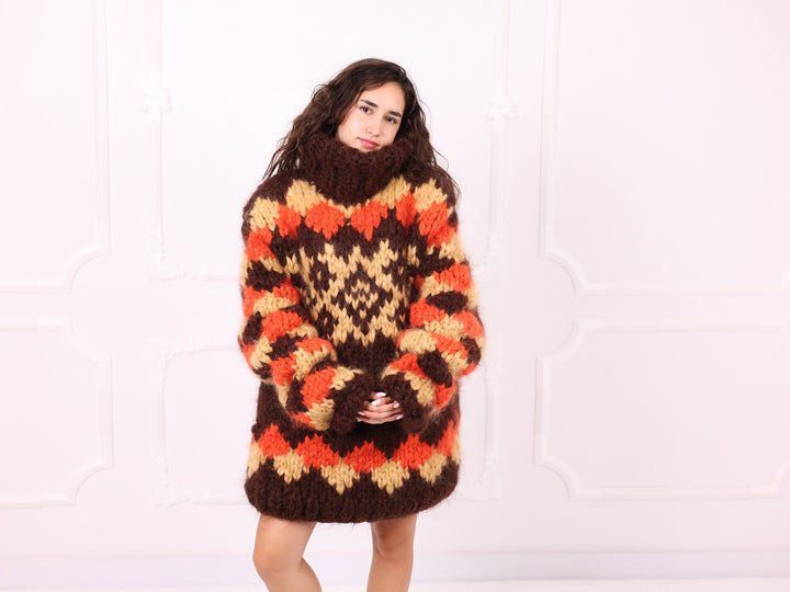 Brown orange and beige mohair Nordic turtleneck sweater front view