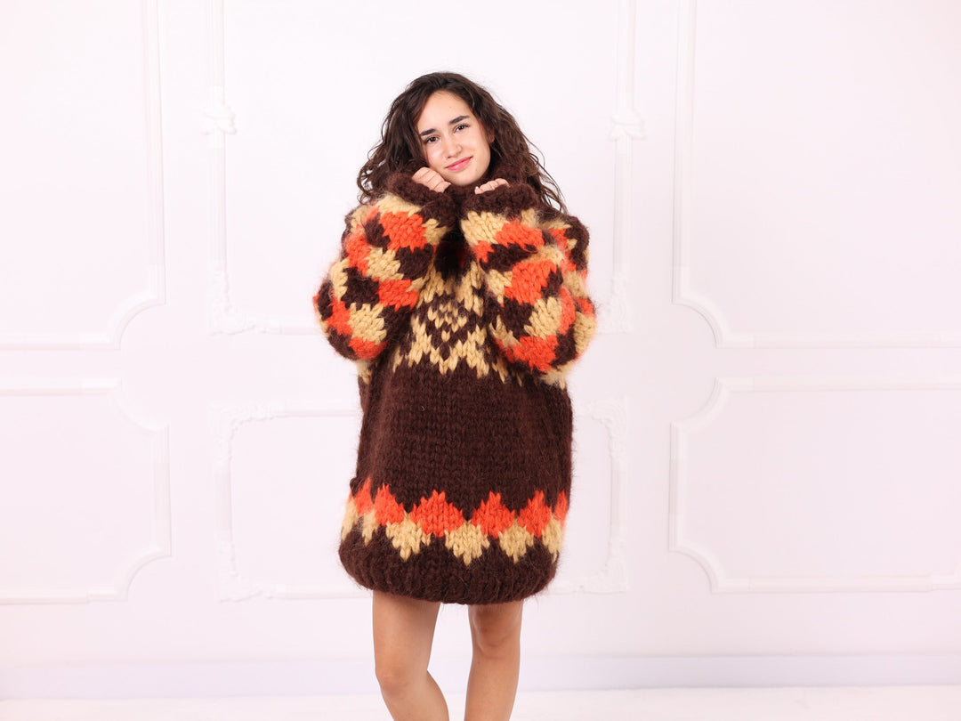 Brown orange beige chunky mohair Nordic sweater front full view