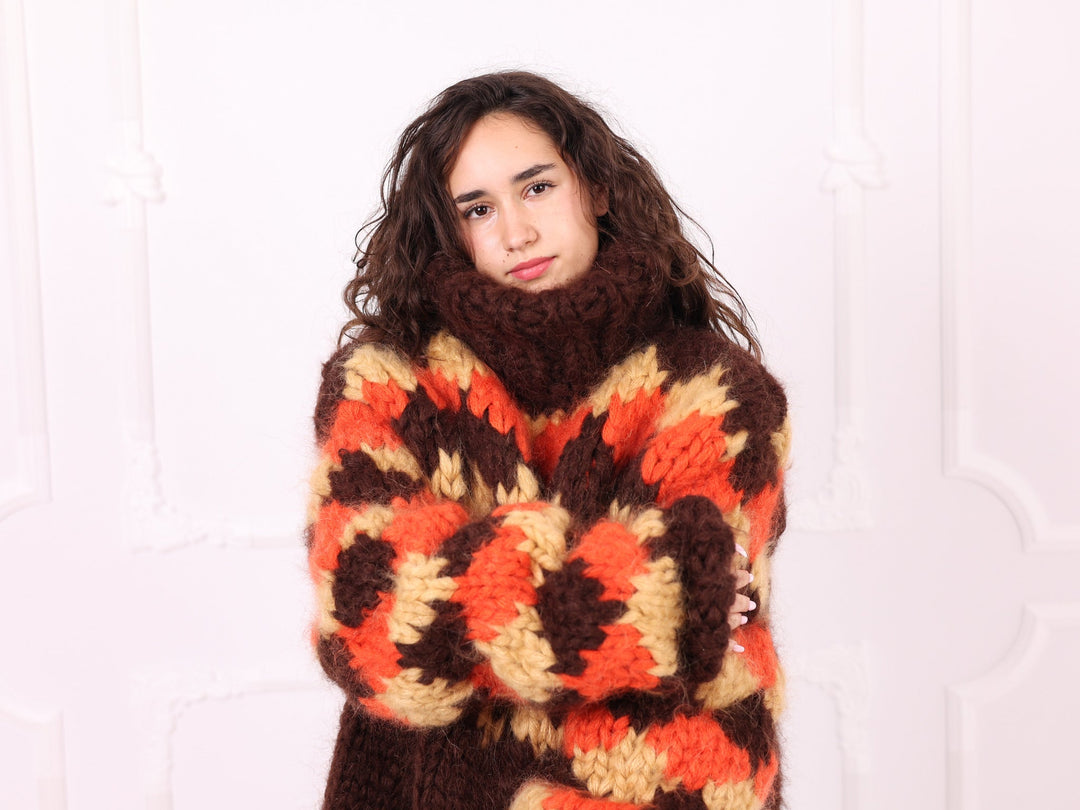 Brown orange beige mohair turtleneck sweater texture and sleeve detail