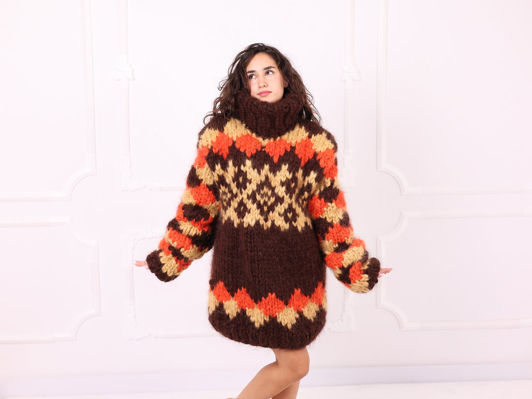 Brown orange beige oversized Nordic mohair sweater full front