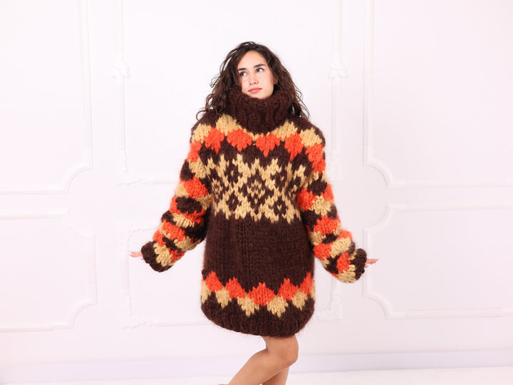 Brown orange beige oversized Nordic mohair sweater full front
