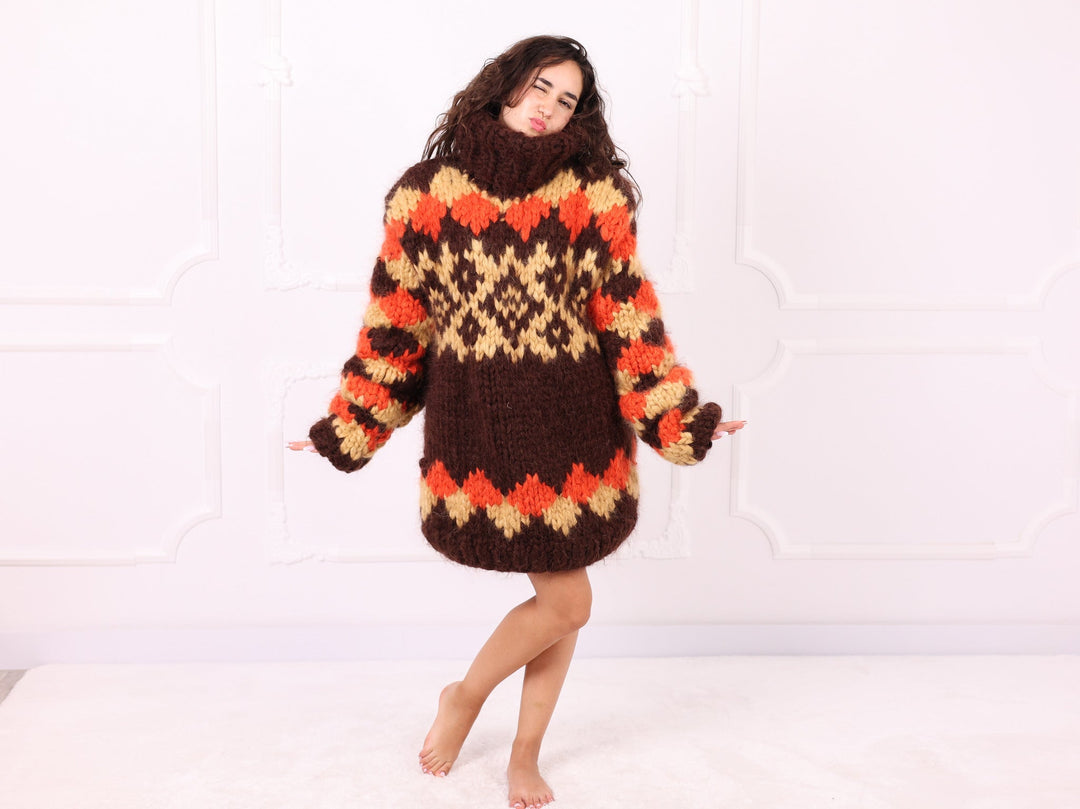 Brown orange beige Nordic mohair turtleneck sweater full body view