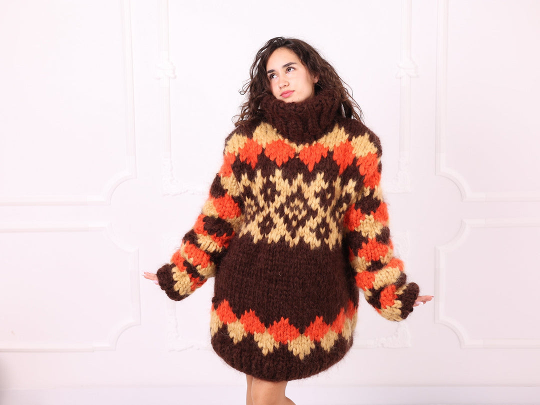 Brown orange beige mohair Fair Isle sweater front view