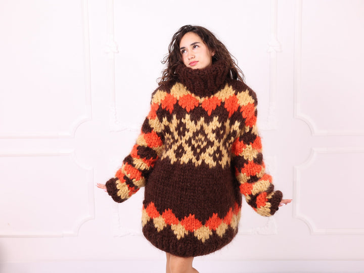 Brown orange beige mohair Fair Isle sweater front view