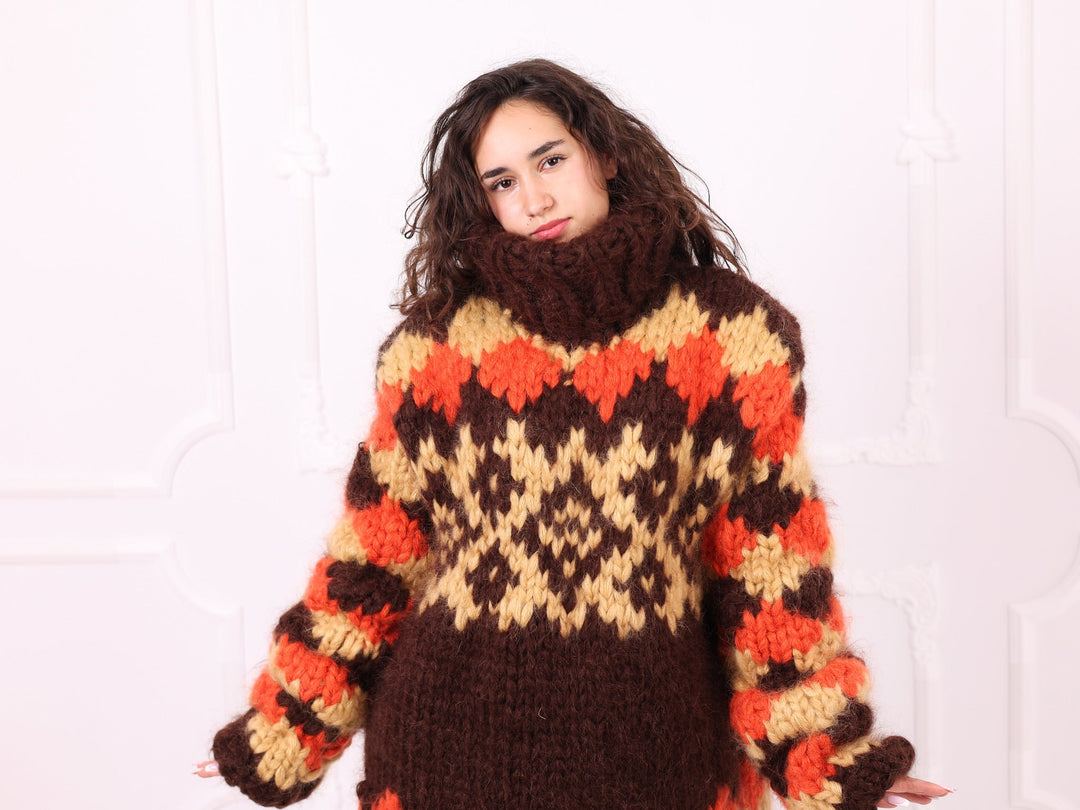 Brown orange beige chunky mohair Nordic sweater close front view