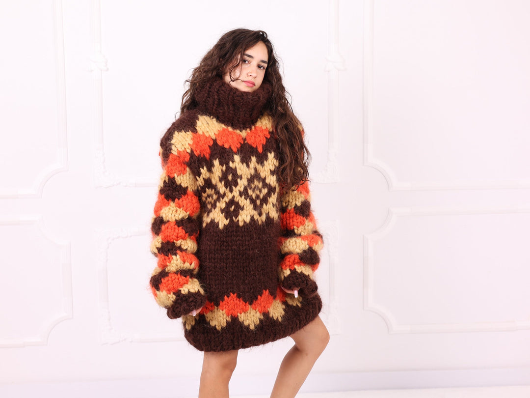 Brown orange beige Nordic mohair sweater side three-quarter view