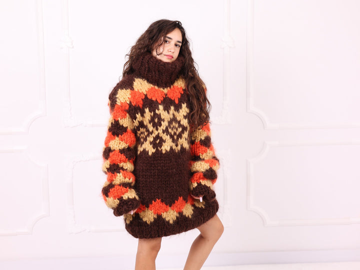 Brown orange beige Nordic mohair sweater side three-quarter view