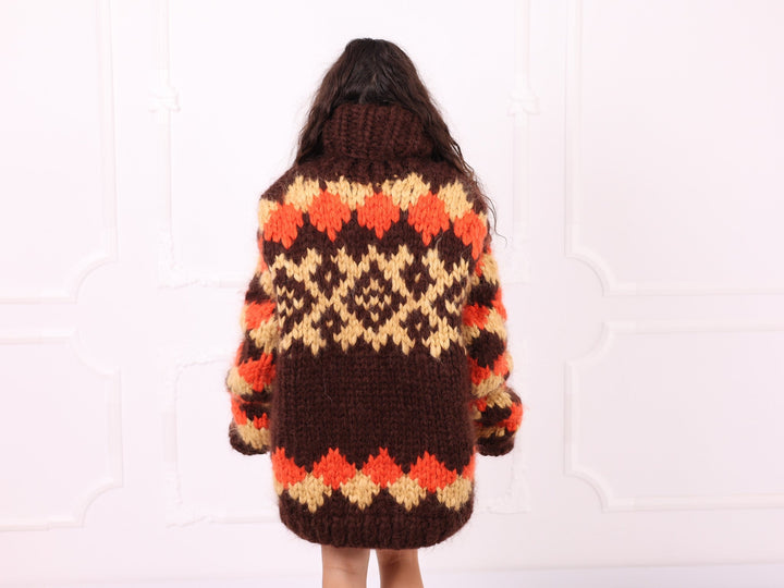Brown orange beige mohair Nordic turtleneck sweater back view