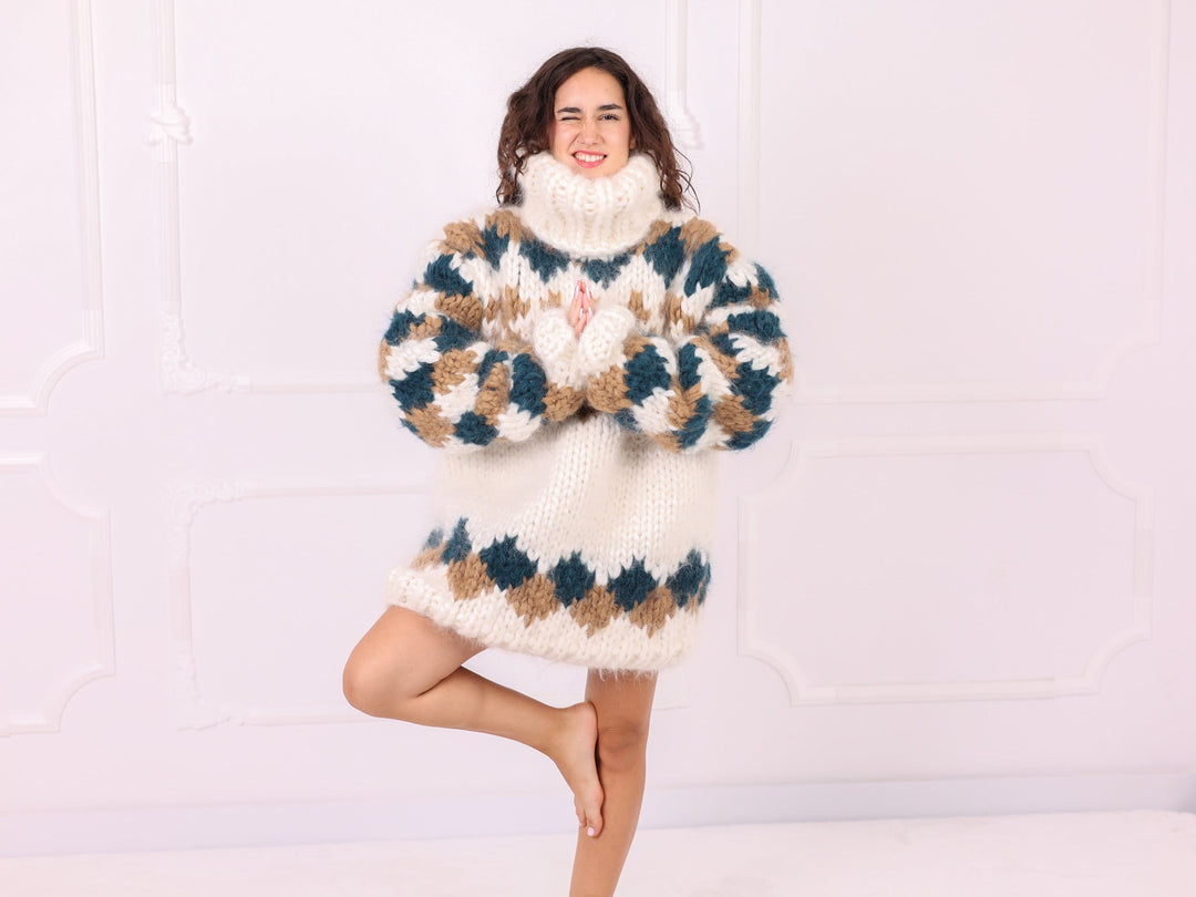 Ivory teal and beige mohair Nordic turtleneck sweater front full view
