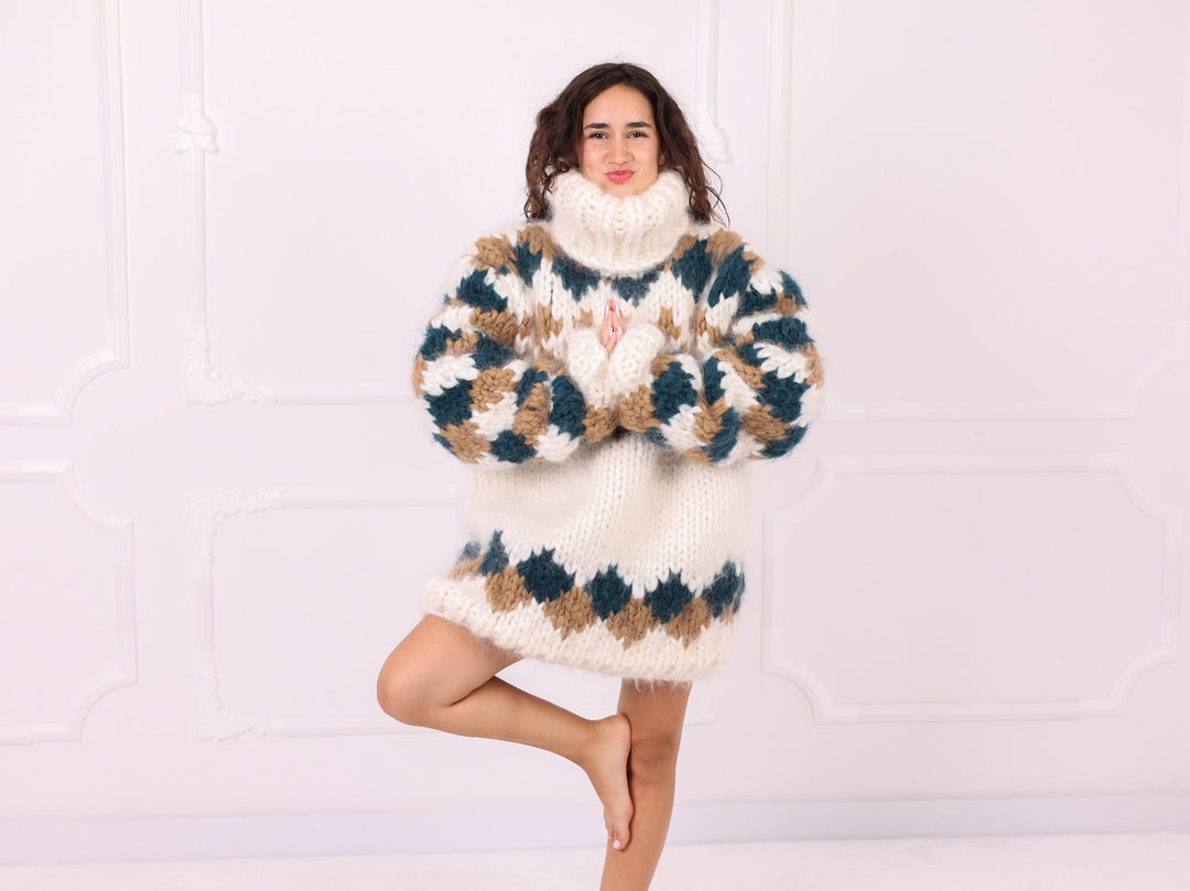 Ivory teal beige chunky mohair Nordic sweater front view