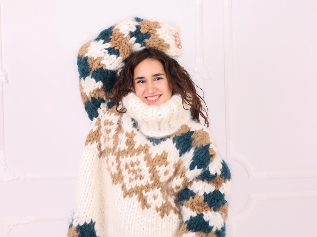 Ivory teal beige mohair Nordic sweater sleeve and turtleneck detail