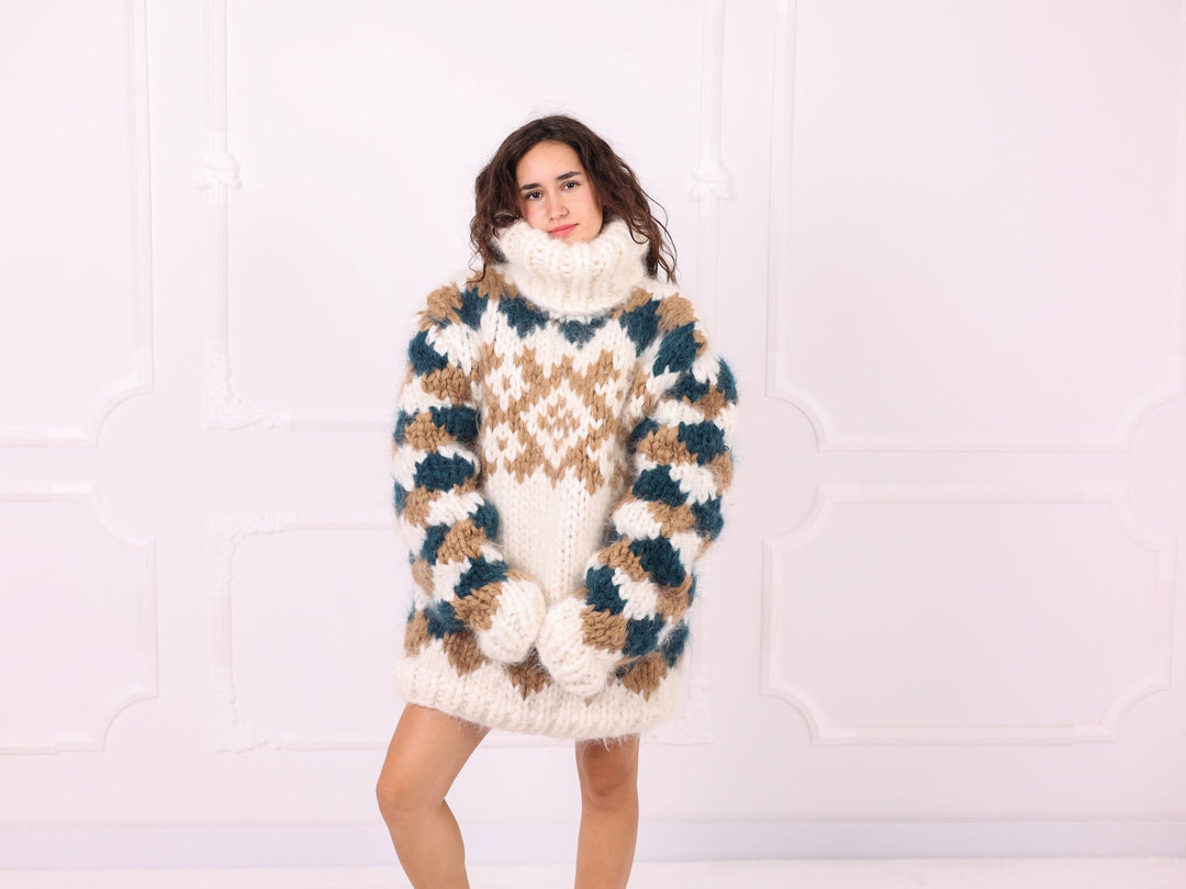 Ivory teal beige oversized Nordic mohair sweater full front view