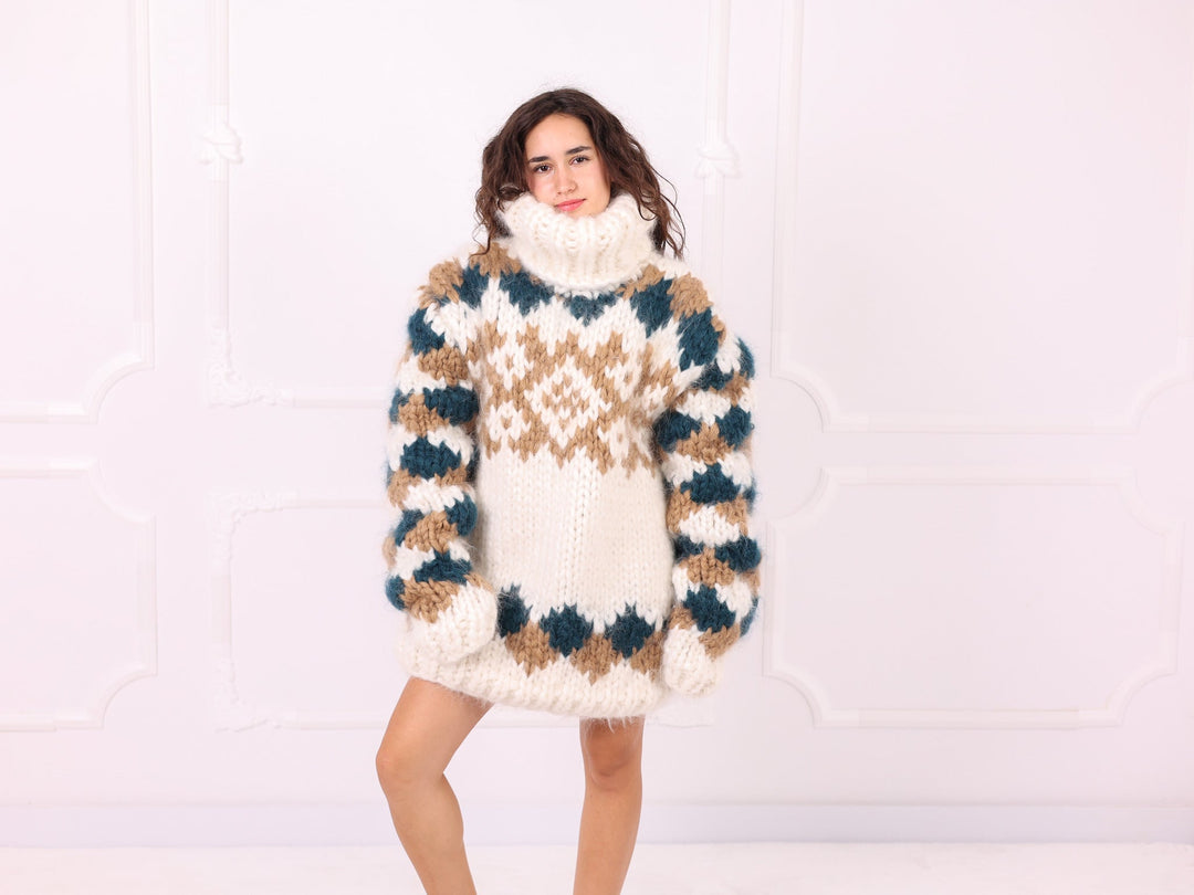 Ivory teal beige chunky mohair Fair Isle sweater front pose