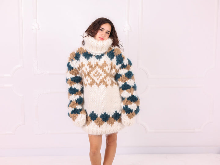 Ivory teal beige Nordic mohair turtleneck sweater front full body view