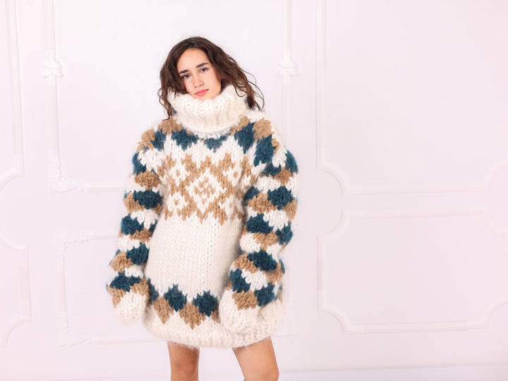 Ivory teal beige mohair Nordic sweater three-quarter front view