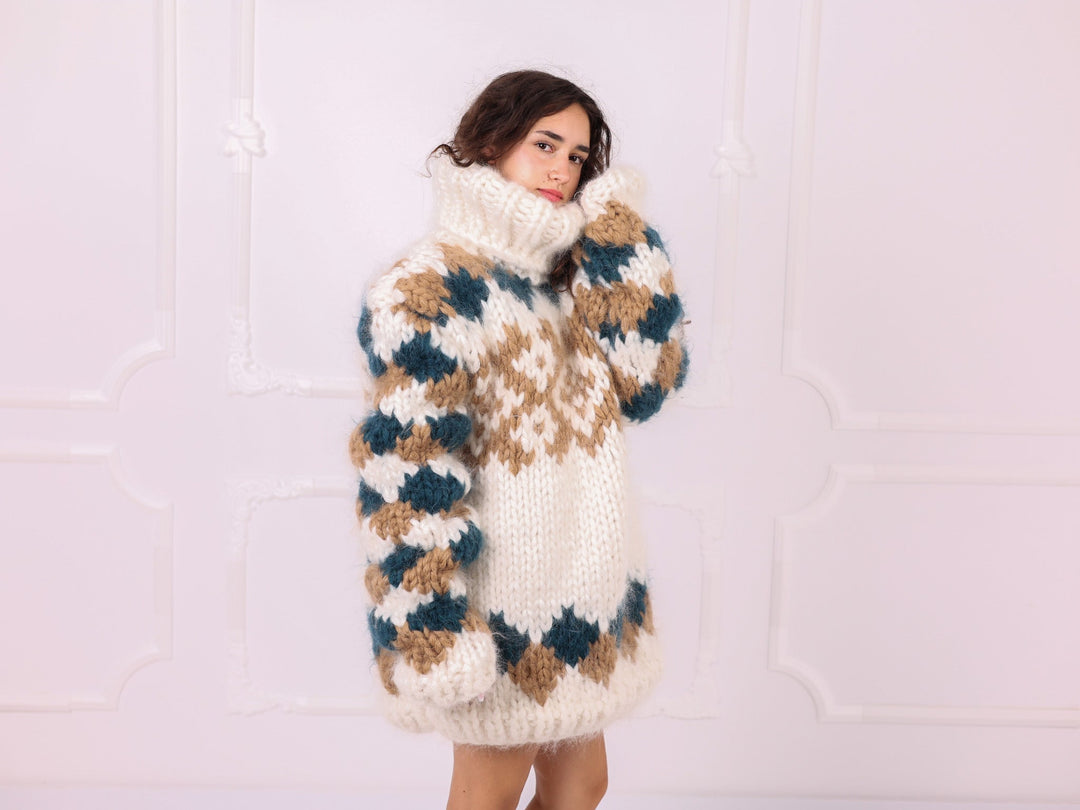 Ivory teal beige chunky mohair turtleneck sweater side view