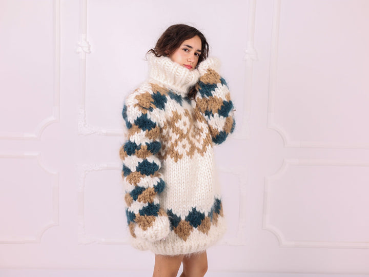 Ivory teal beige chunky mohair turtleneck sweater side view