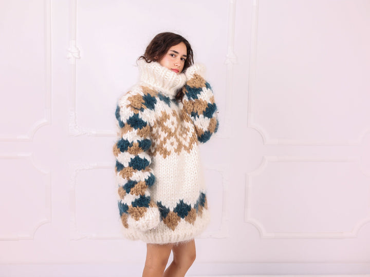 Ivory teal beige Nordic mohair sweater side three-quarter view