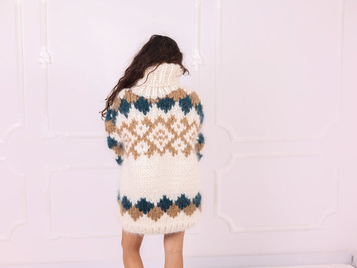 Ivory teal beige mohair Nordic turtleneck sweater back view