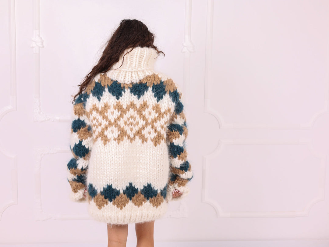 Ivory teal beige chunky mohair Nordic sweater full back view